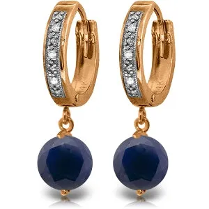 14K Solid Rose Gold Hoop Diamond & Sapphire Earrings Gemstone