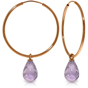14K Solid Rose Gold Hoop Natural Amethyst Earrings Certified