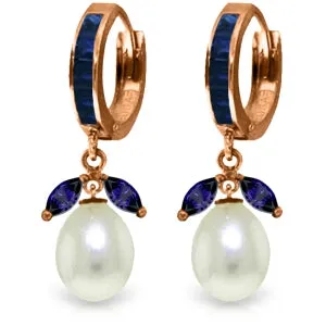 14K Solid Rose Gold Hoop Sapphire & Pearl Earrings Jewelry