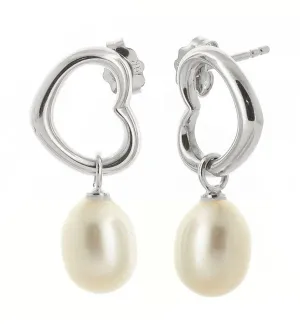 14K Solid White Gold Heart Earrings w/ Dangling Natural Pearls