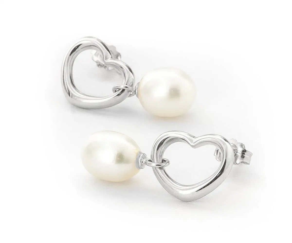 14K Solid White Gold Heart Earrings w/ Dangling Natural Pearls