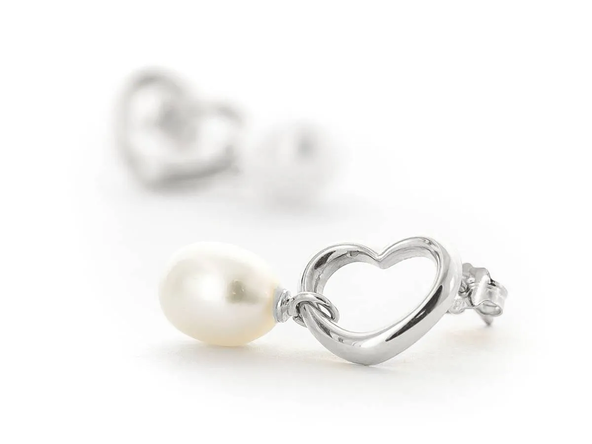 14K Solid White Gold Heart Earrings w/ Dangling Natural Pearls