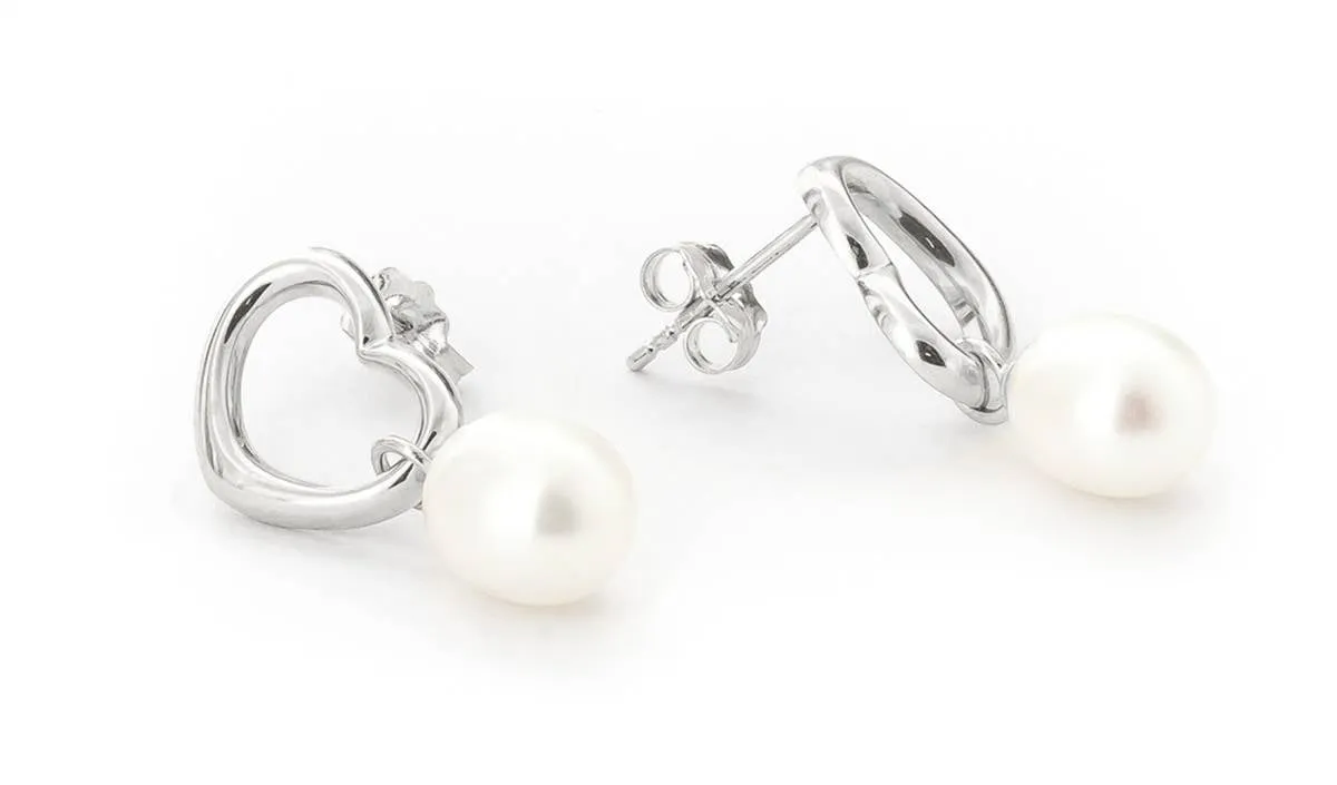 14K Solid White Gold Heart Earrings w/ Dangling Natural Pearls