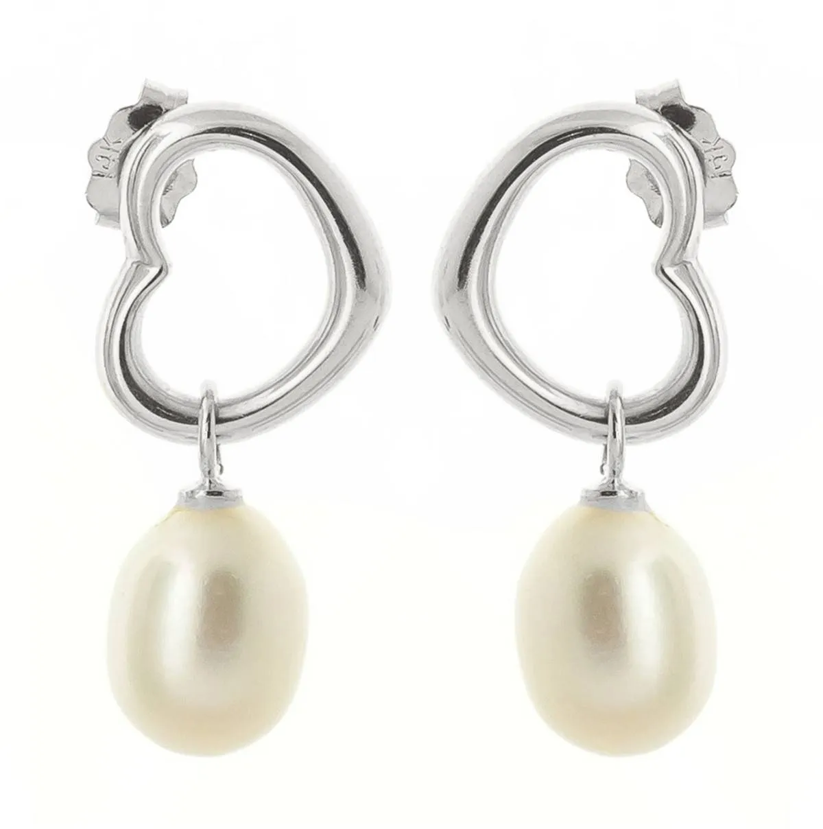 14K Solid White Gold Heart Earrings w/ Dangling Natural Pearls