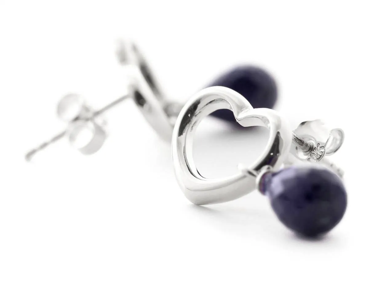 14K Solid White Gold Heart Earrings w/ Dangling Natural Sapphires