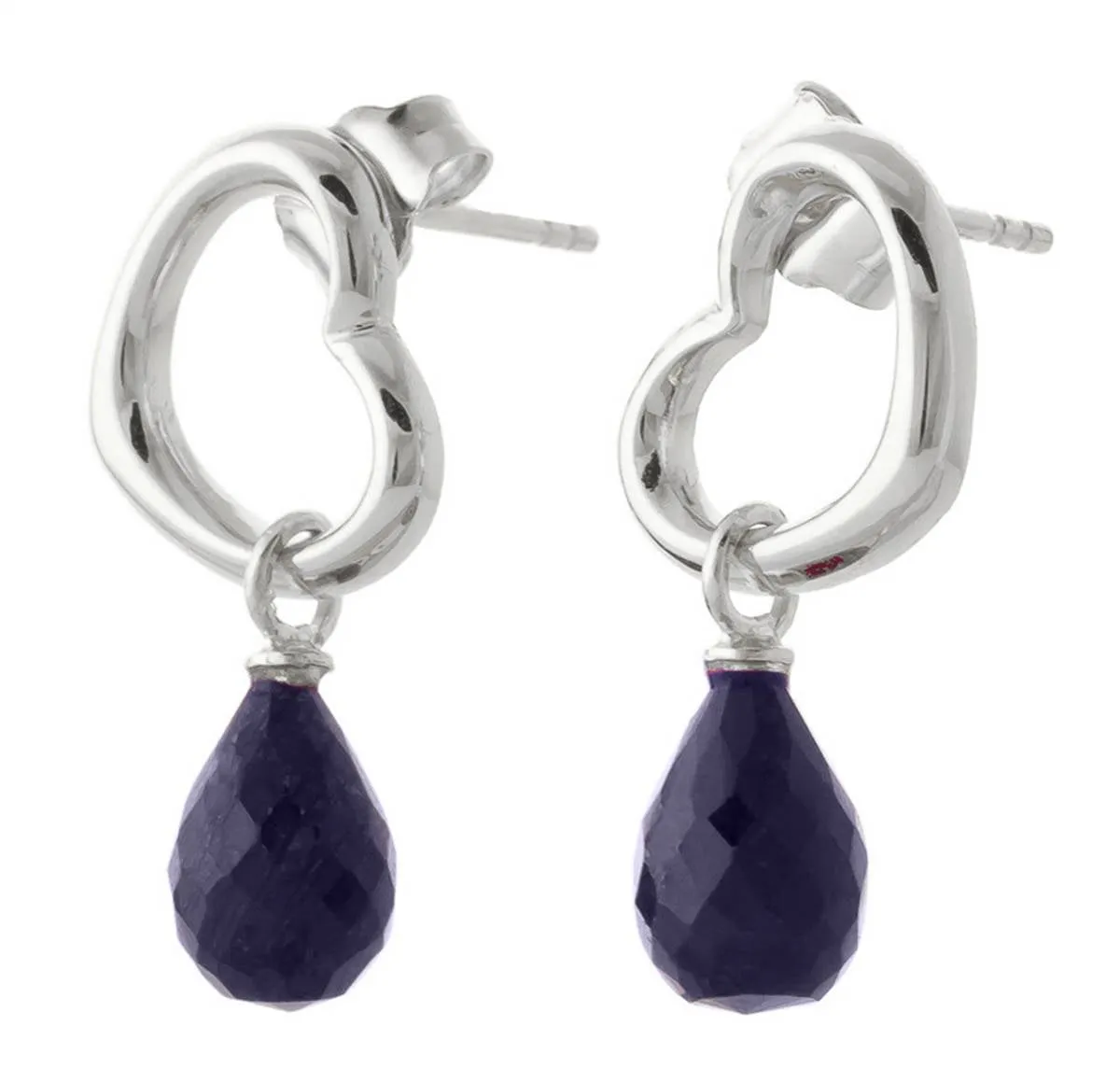 14K Solid White Gold Heart Earrings w/ Dangling Natural Sapphires