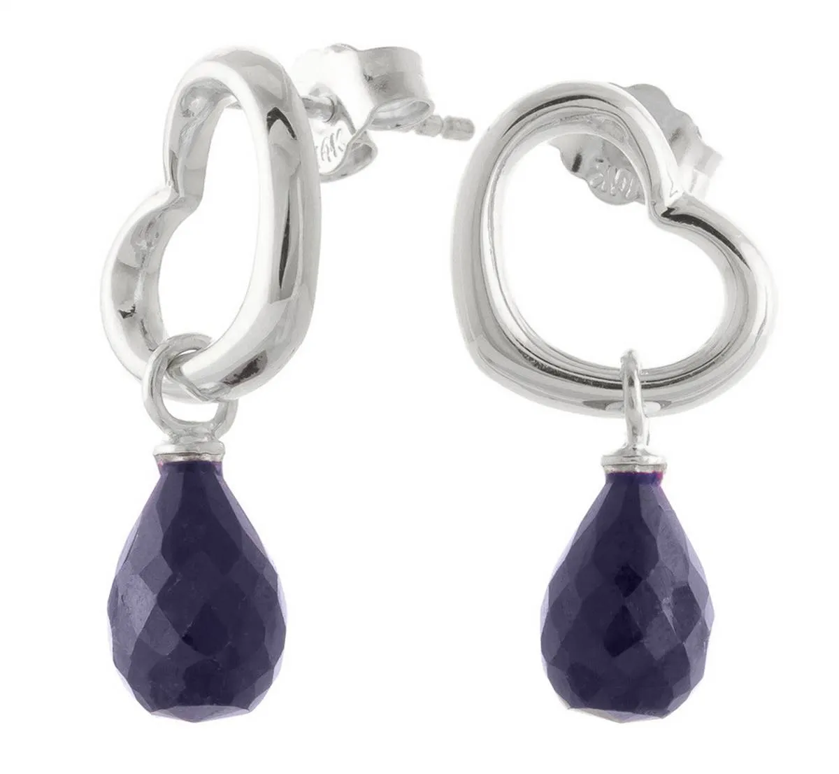 14K Solid White Gold Heart Earrings w/ Dangling Natural Sapphires