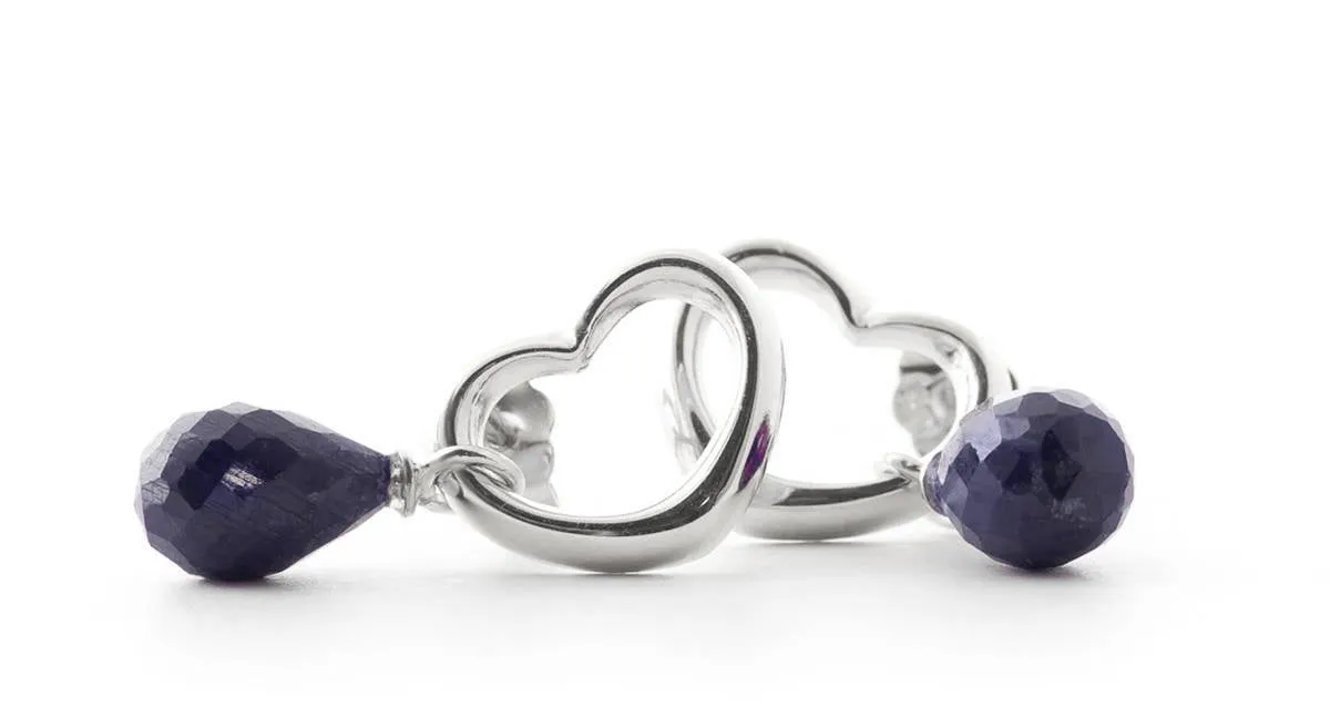 14K Solid White Gold Heart Earrings w/ Dangling Natural Sapphires