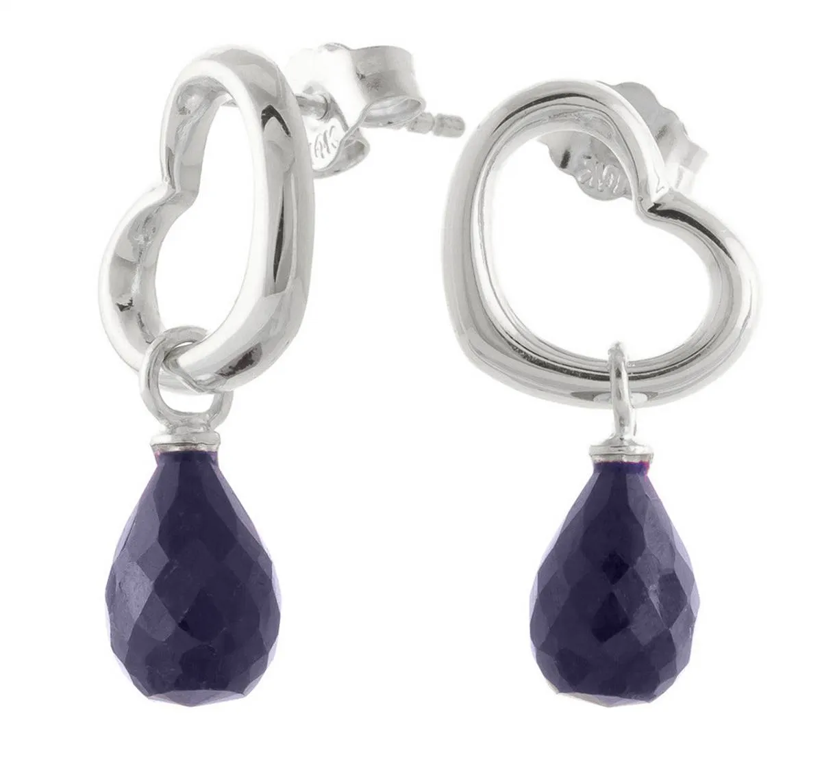 14K Solid White Gold Heart Earrings w/ Dangling Natural Sapphires
