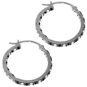 14K Solid White Gold Hoop Earrings Natural Black & White Diamond Jewelry