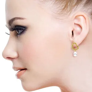 14K Solid Yellow Gold Heart Earrings w/ Dangling Natural White Topaz