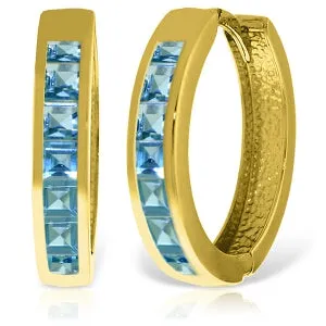 14K Solid Yellow Gold Hoop Huggie Earrings w/ Blue Topaz