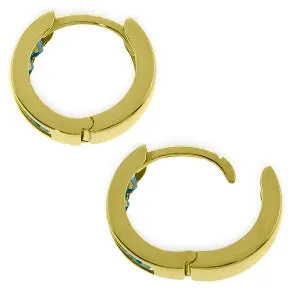 14K Solid Yellow Gold Hoop Huggie Earrings w/ Blue Topaz
