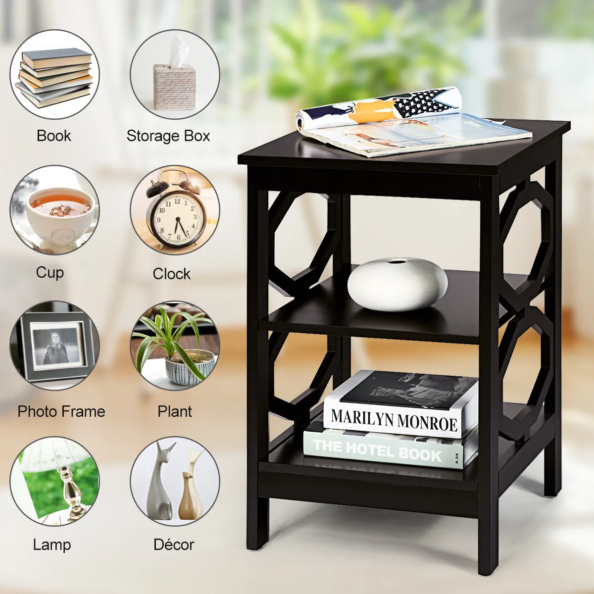 3-Tier Bedside Table with Storage Shelves for Living Room Bedroom-Coffee