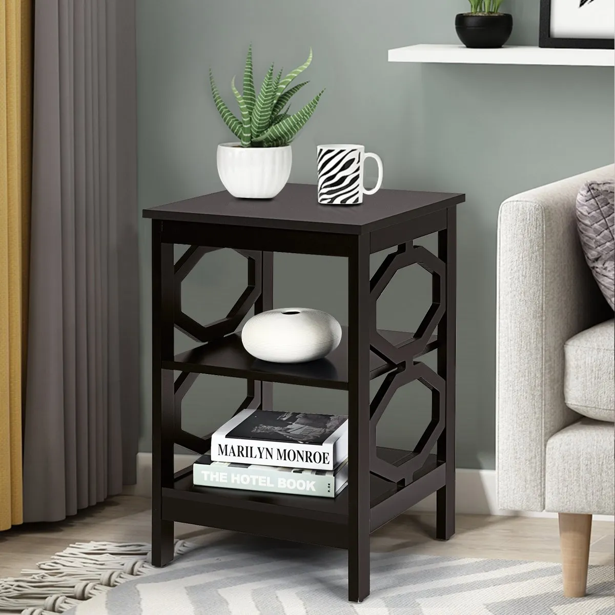 3-Tier Bedside Table with Storage Shelves for Living Room Bedroom-Coffee