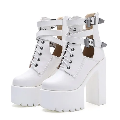 Amozae    Buckle Womens Nightclub Shoes High Heels Hollow Out Ankle Boots Platform Heels Gothic Black Leather Short Boots Lady