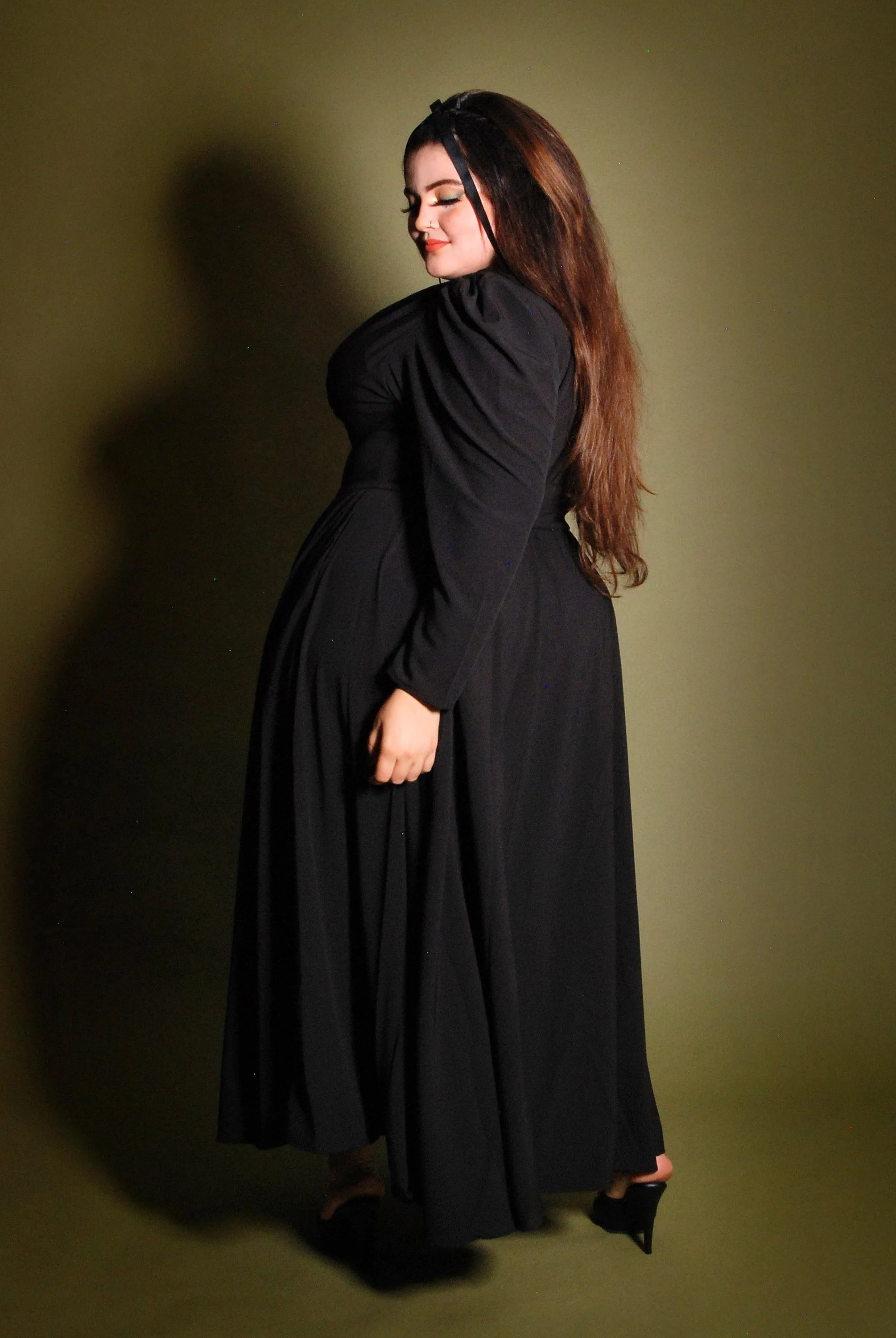 Clarice 40s Coat Dress in Solid Black Poly Crepe | Laura Byrnes Design