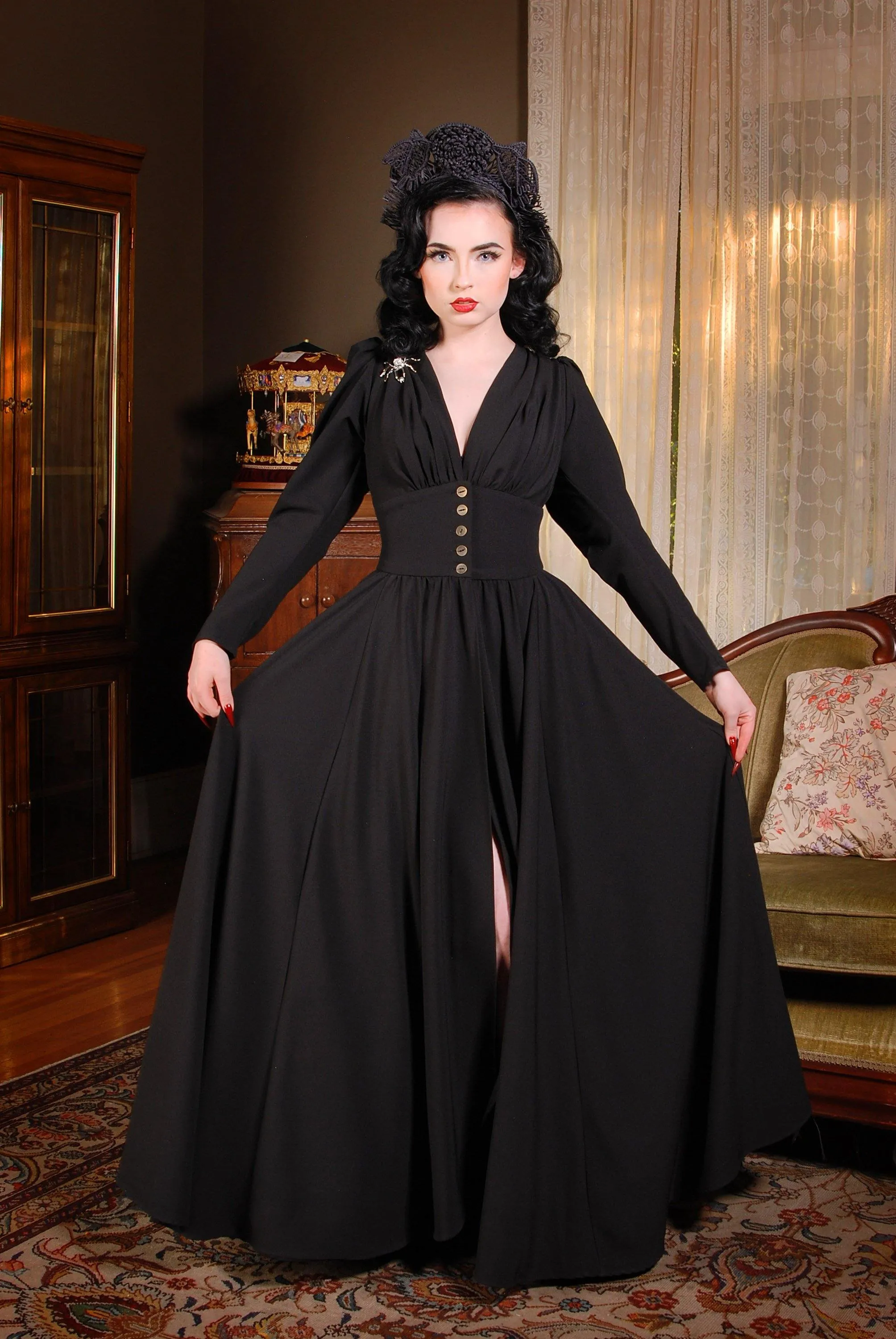 Clarice 40s Coat Dress in Solid Black Poly Crepe | Laura Byrnes Design