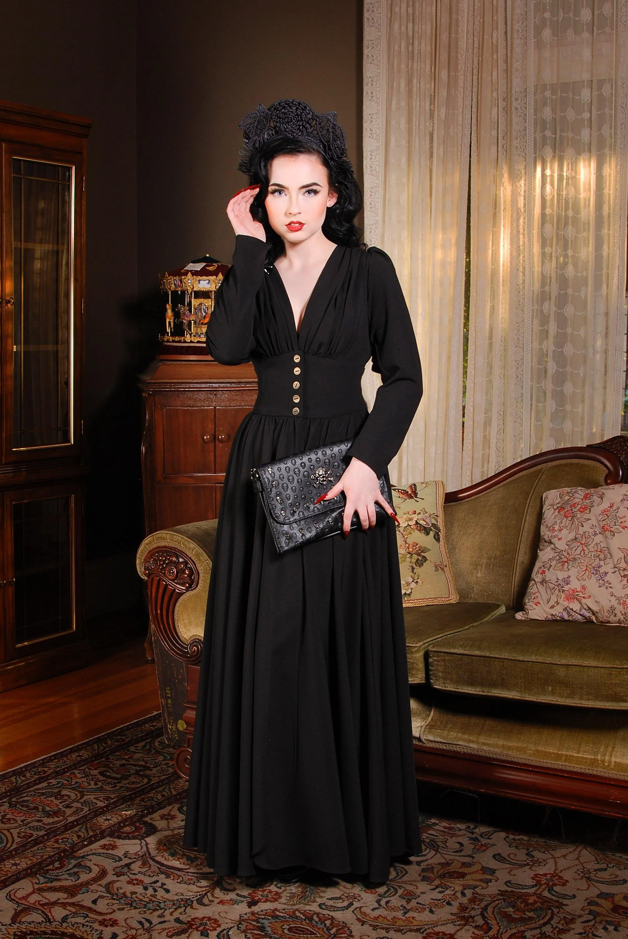 Clarice 40s Coat Dress in Solid Black Poly Crepe | Laura Byrnes Design