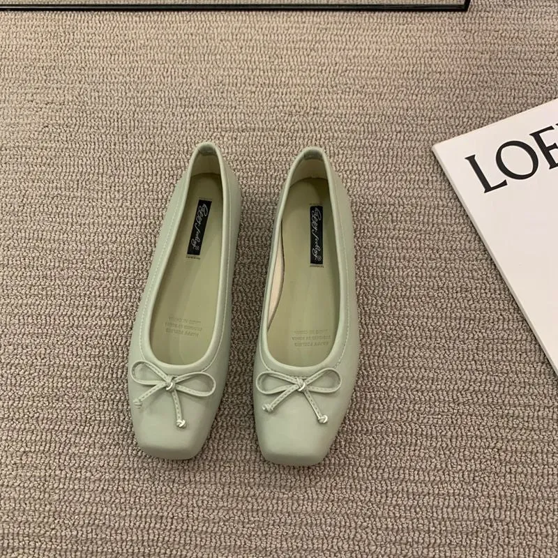 Classic Female Flats Ballerina Shoes Women Fashion Square Toe Pleated Ballet Bow Knot Shallow Moccasin Casual Loafer Sliver