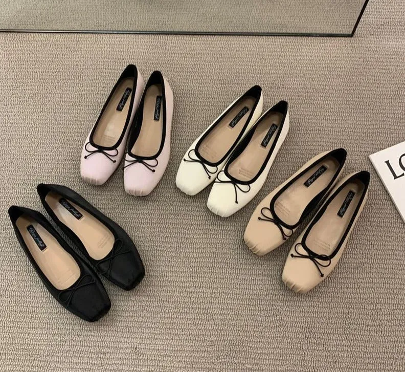 Classic Female Flats Ballerina Shoes Women Fashion Square Toe Pleated Ballet Bow Knot Shallow Moccasin Casual Loafer Sliver