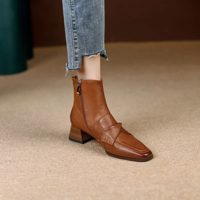 deanwangkt  fashion inspo   NEW Autumn Shoes Women Square Toe High Heels Geunine Leather Boots Chunky Heel Ankle Boots for Women Mature Pleated Modern Boots