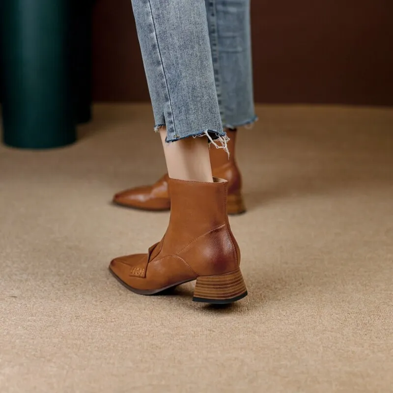 deanwangkt  fashion inspo   NEW Autumn Shoes Women Square Toe High Heels Geunine Leather Boots Chunky Heel Ankle Boots for Women Mature Pleated Modern Boots