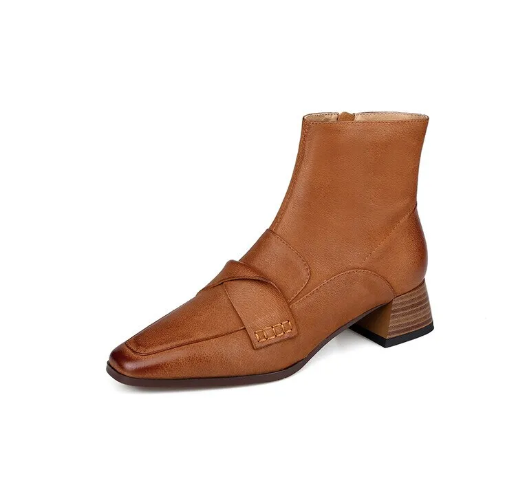 deanwangkt  fashion inspo   NEW Autumn Shoes Women Square Toe High Heels Geunine Leather Boots Chunky Heel Ankle Boots for Women Mature Pleated Modern Boots
