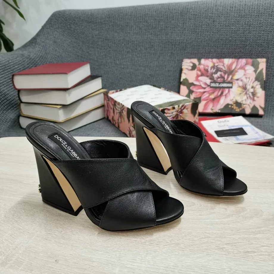 DolGa Satin Mules With Geometric Heel Black For Women DG Shoes