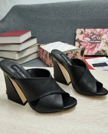 DolGa Satin Mules With Geometric Heel Black For Women DG Shoes