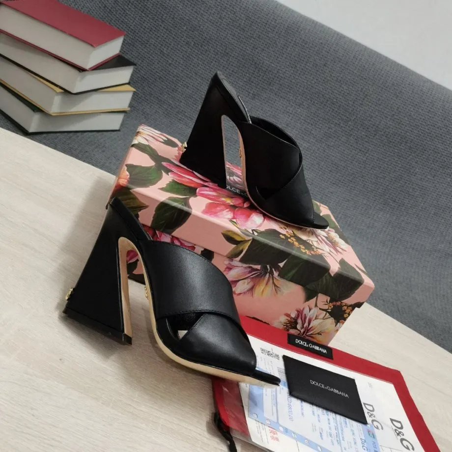 DolGa Satin Mules With Geometric Heel Black For Women DG Shoes