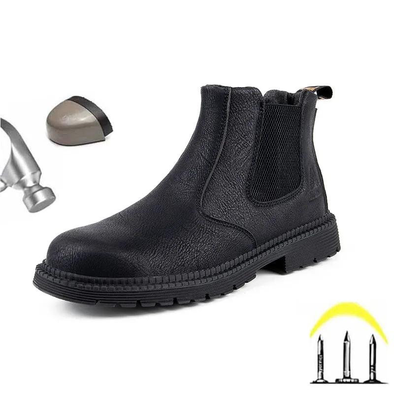 Hnzxzm Leather Work & Safety Boots Men Chelsea Boots Indestructible Male Work Shoes Men Winter Boots Safety Shoes Men Steel Toe Shoes