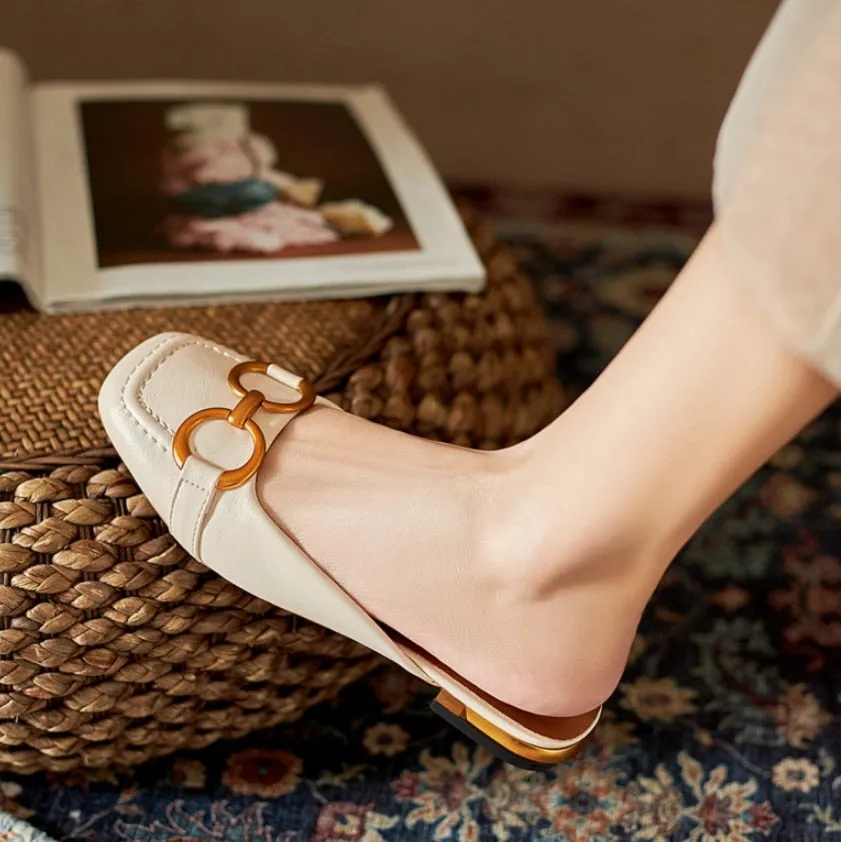 Hnzxzm New Summer Sandals For Women Retro Closed Square Toe Sandals Woman Slip On Mules Shoes Buckle Strap Lady Casual Flat Shoes