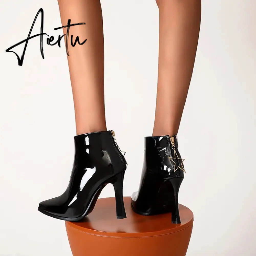 Largest Size 49 50 Women Thin High Heels Short Boots Fall Shoes Woman Shiny Patent Leather Hot Pink Gold Boot Lady Bootie Female