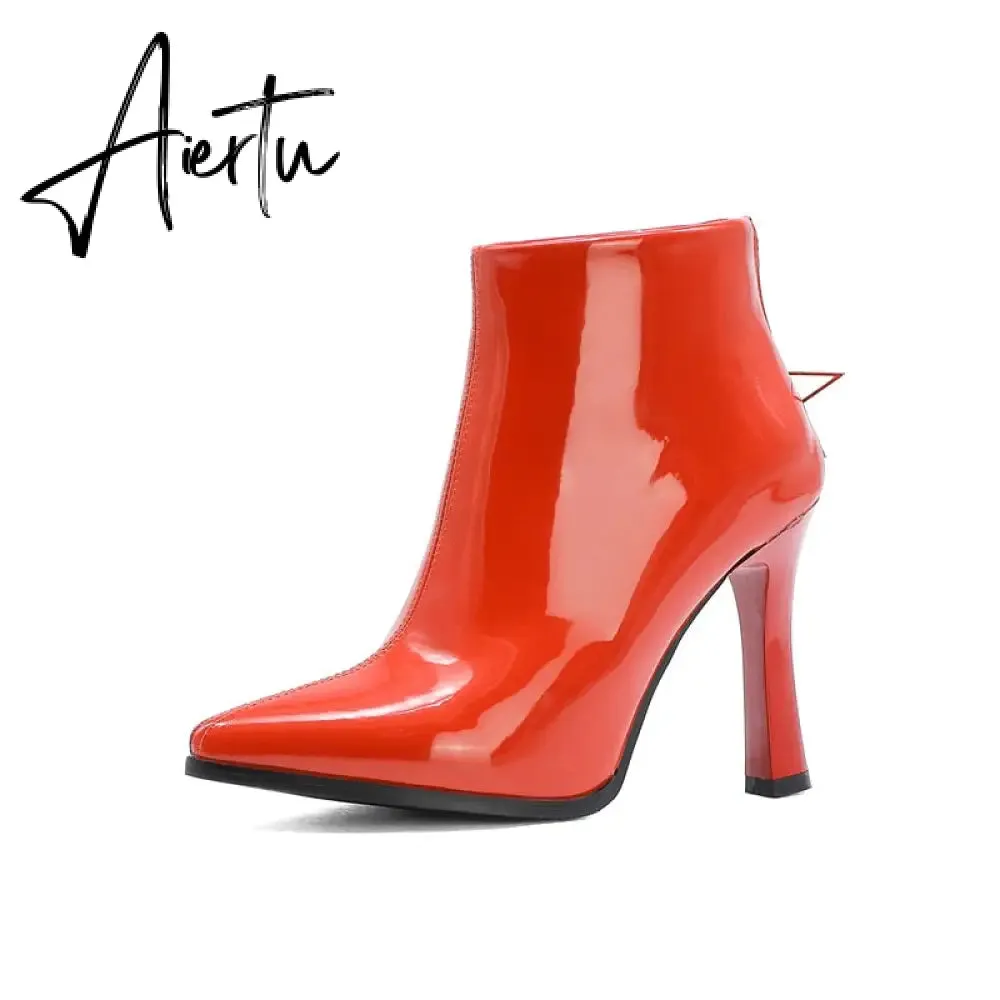 Largest Size 49 50 Women Thin High Heels Short Boots Fall Shoes Woman Shiny Patent Leather Hot Pink Gold Boot Lady Bootie Female