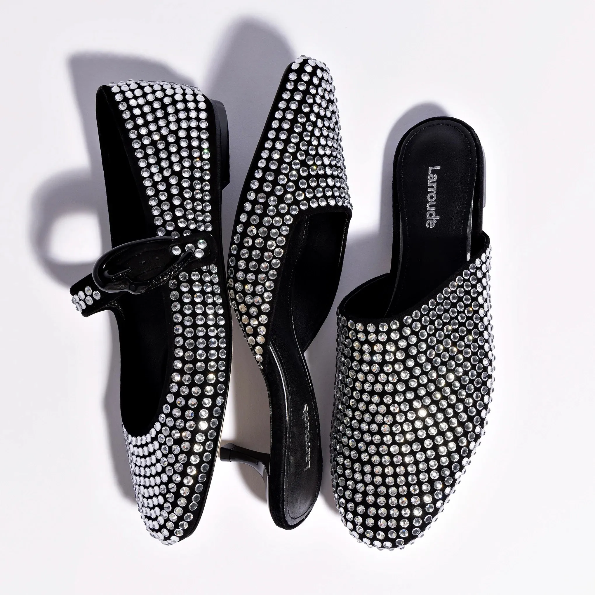 Larroude Venice Flat Mule Crystal In Black Suede