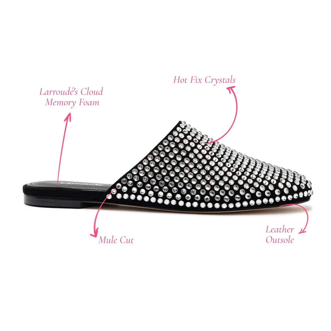 Larroude Venice Flat Mule Crystal In Black Suede