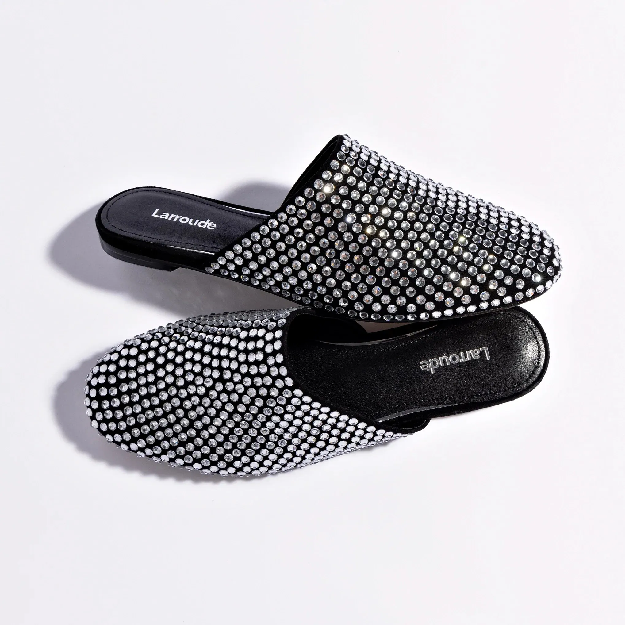 Larroude Venice Flat Mule Crystal In Black Suede