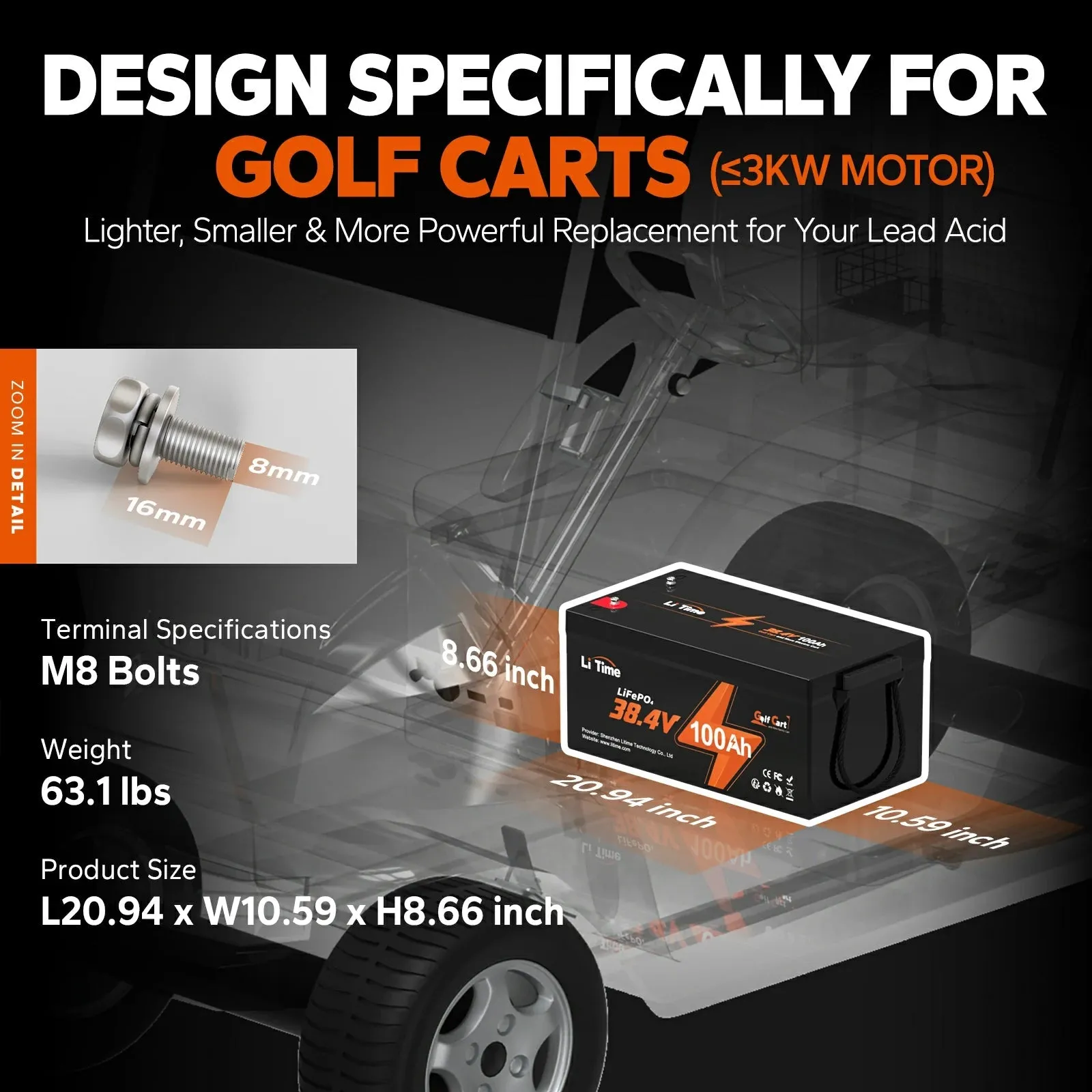LiTime 36V 100Ah Lithium Golf Cart Battery, 200A BMS, 3840Wh Energy