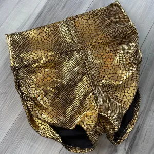SALE - MEDIUM - High Waisted Ruched Booty Shorts - Gold Snakeskin Metallic