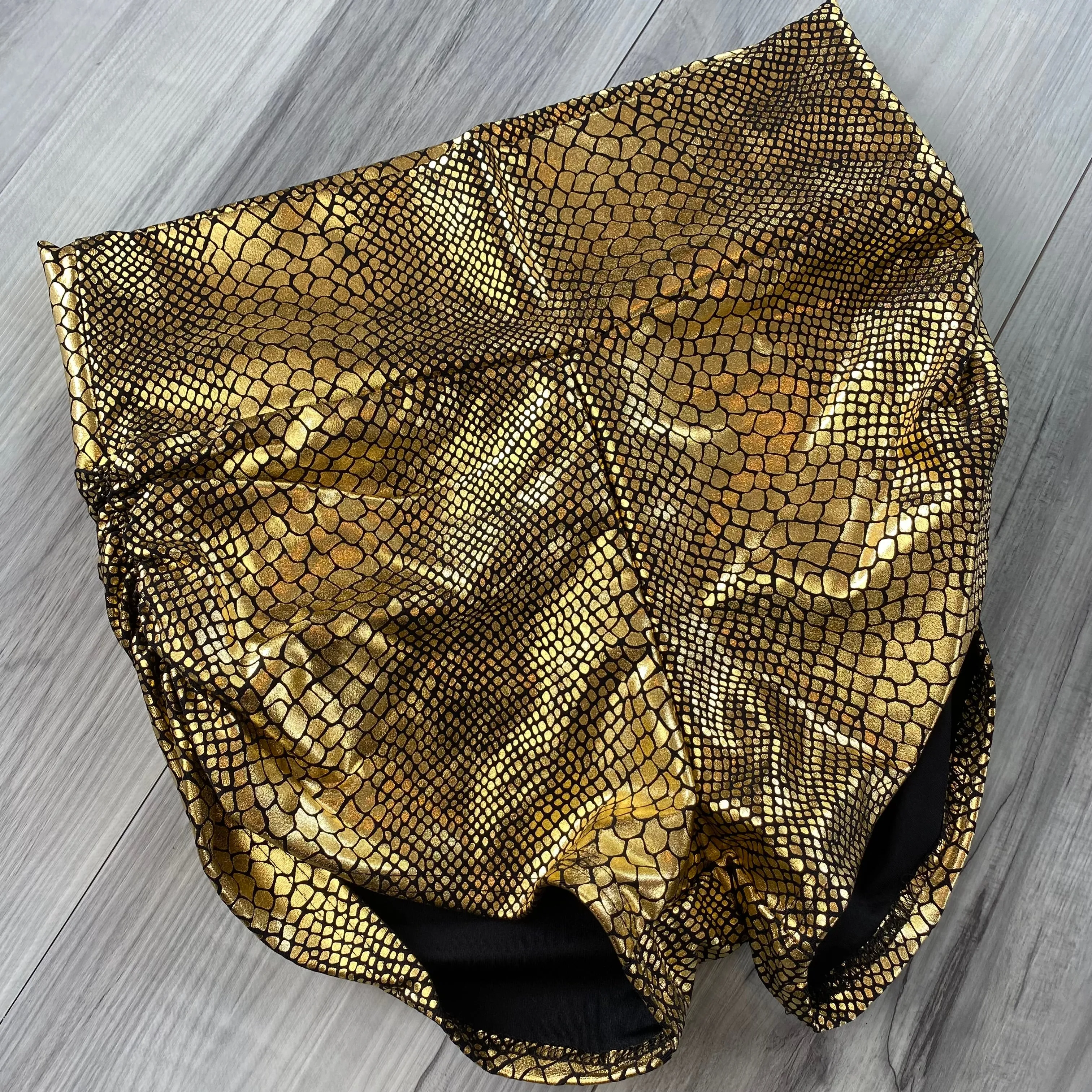 SALE - MEDIUM - High Waisted Ruched Booty Shorts - Gold Snakeskin Metallic