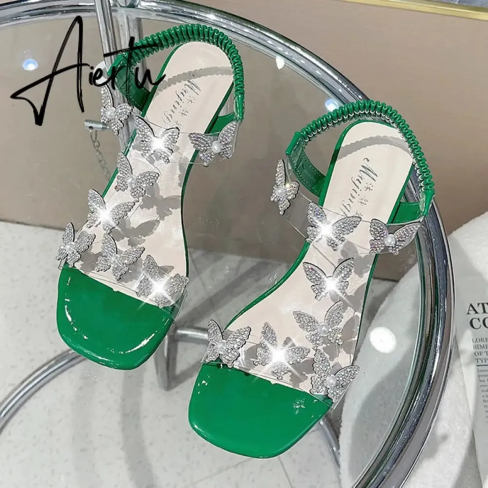 Sandals Women's Rhinestone Summer New Fashion Women's Shiny Butterfly Transparent High Heels Open Toe Sandalias Women's Shoes