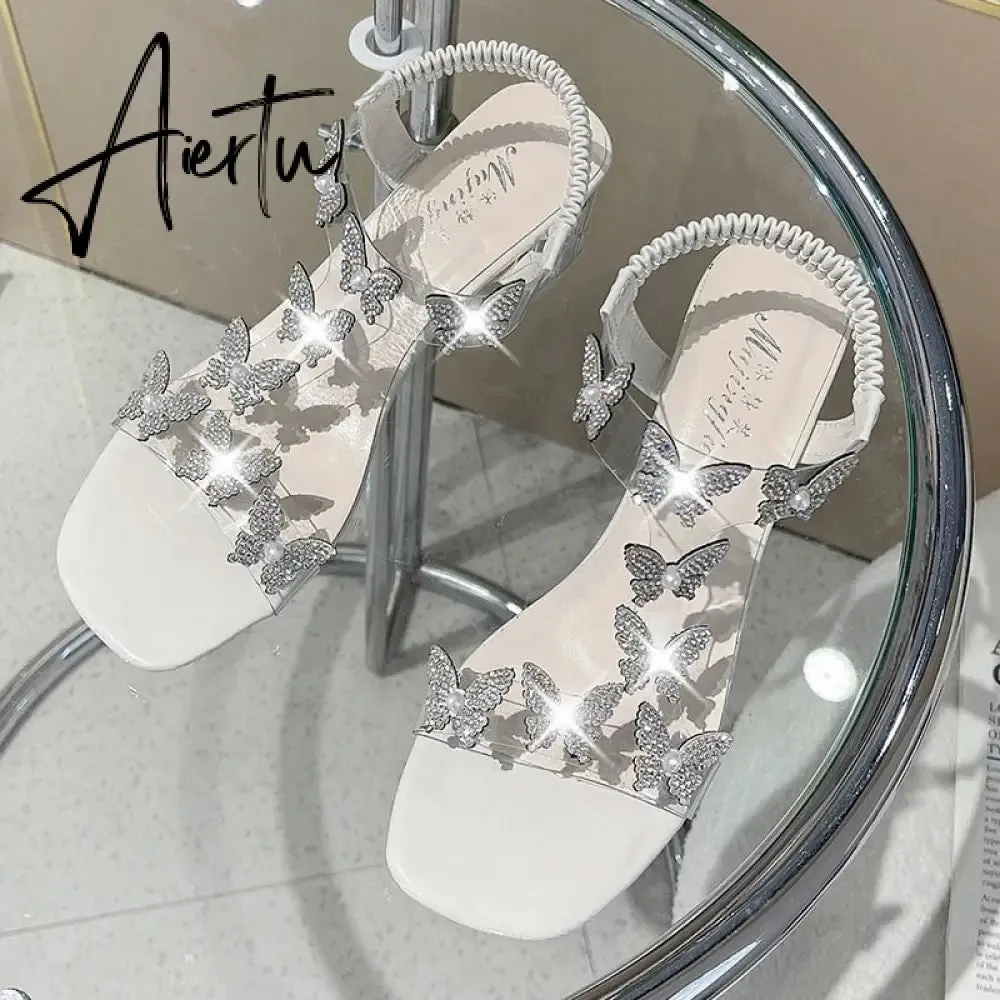 Sandals Women's Rhinestone Summer New Fashion Women's Shiny Butterfly Transparent High Heels Open Toe Sandalias Women's Shoes