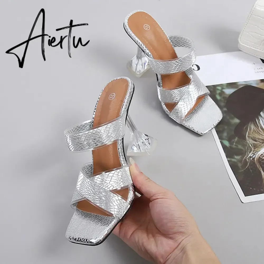 Silver Snake Print Womens Slippers Sandals Fashion Square Toe Transparent Strange Heels Mules Party Shoes Female Size 34-46