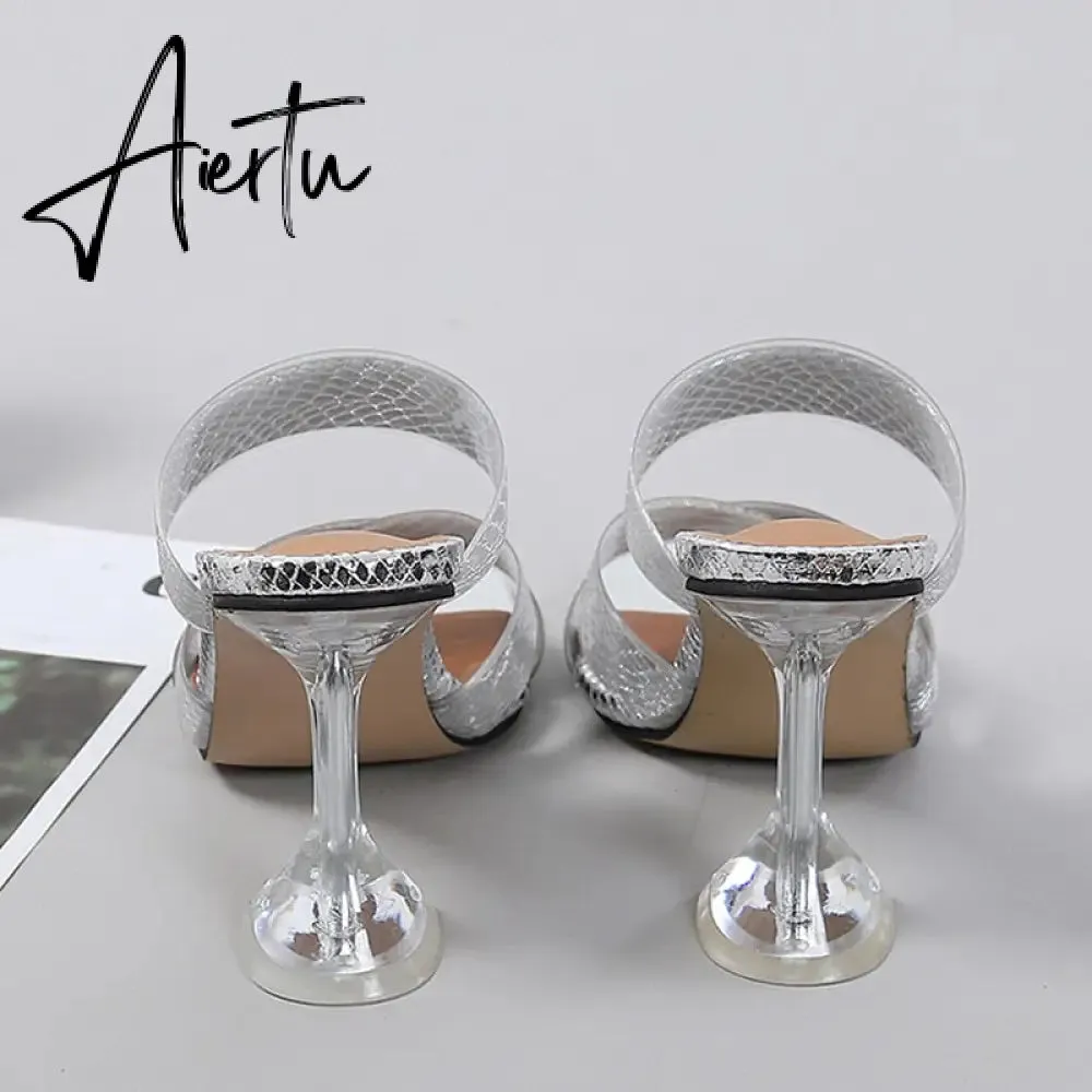 Silver Snake Print Womens Slippers Sandals Fashion Square Toe Transparent Strange Heels Mules Party Shoes Female Size 34-46