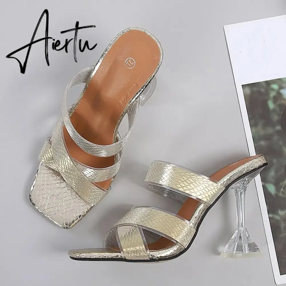 Silver Snake Print Womens Slippers Sandals Fashion Square Toe Transparent Strange Heels Mules Party Shoes Female Size 34-46
