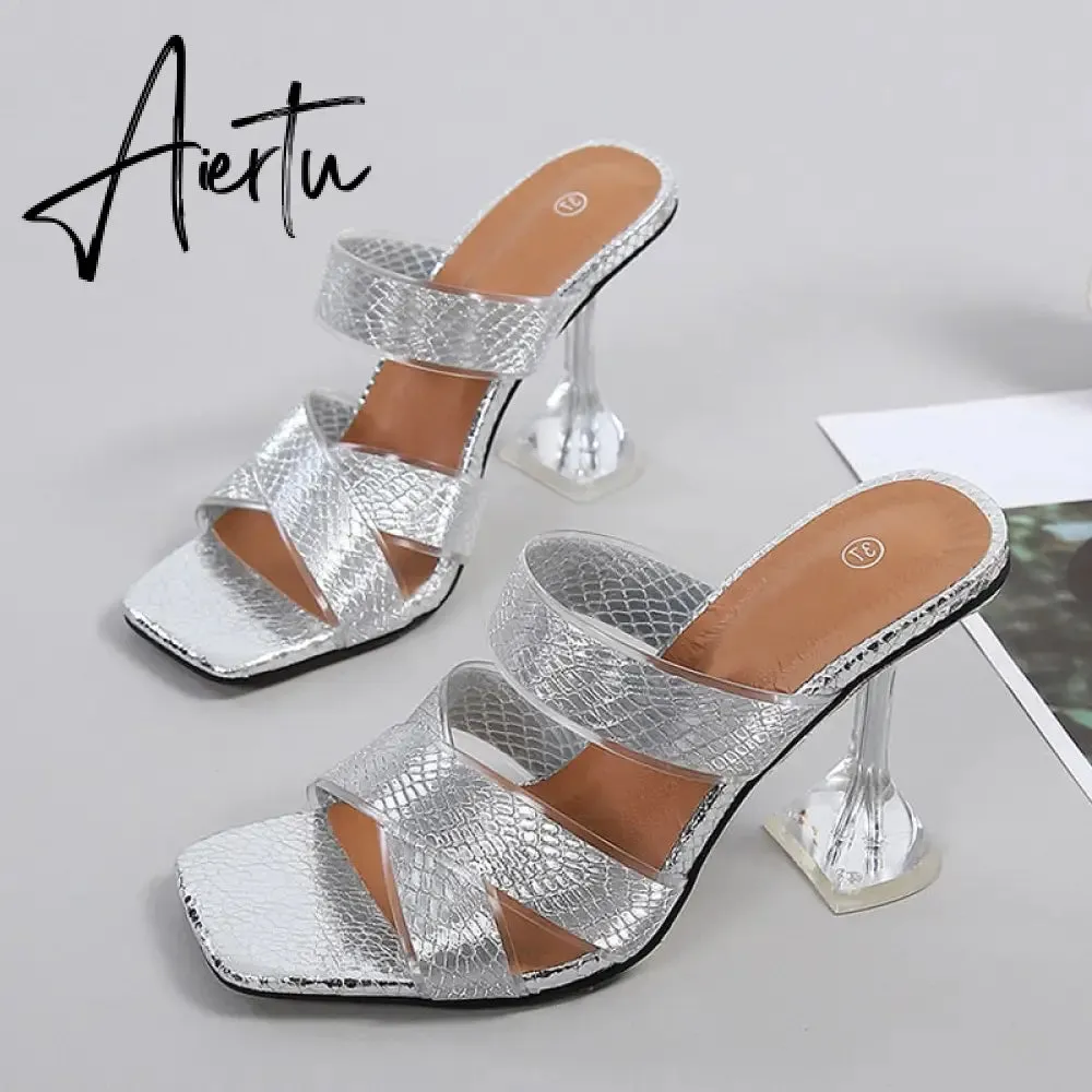Silver Snake Print Womens Slippers Sandals Fashion Square Toe Transparent Strange Heels Mules Party Shoes Female Size 34-46