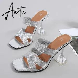 Silver Snake Print Womens Slippers Sandals Fashion Square Toe Transparent Strange Heels Mules Party Shoes Female Size 34-46