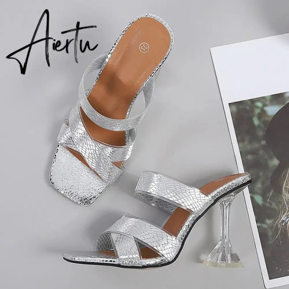 Silver Snake Print Womens Slippers Sandals Fashion Square Toe Transparent Strange Heels Mules Party Shoes Female Size 34-46