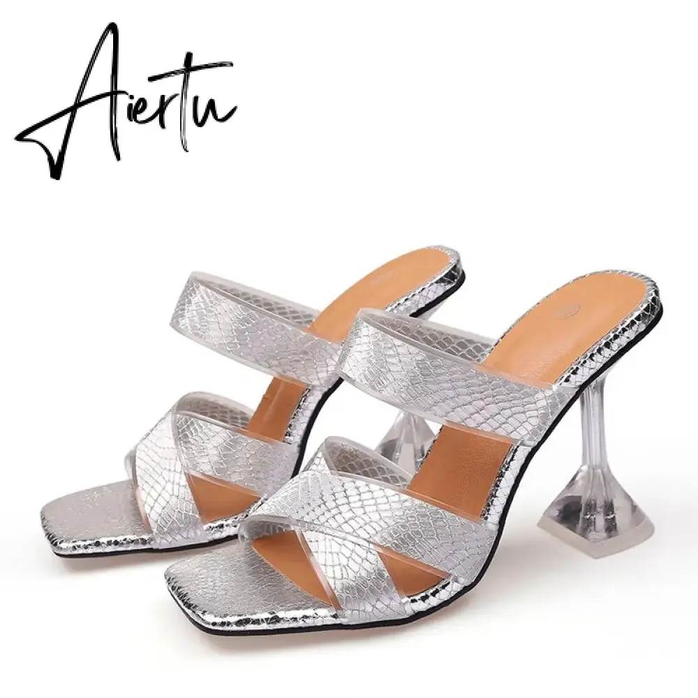 Silver Snake Print Womens Slippers Sandals Fashion Square Toe Transparent Strange Heels Mules Party Shoes Female Size 34-46